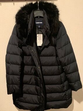 Lands' End Women's Black Quilted Puffer with Faux Fur-Trim Hood